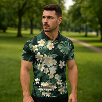 Hawaii Plumeria Tropical Leaves Zipper Polo Shirt Monstera Calathea Palm Fronds LT01 - Polynesian Pride