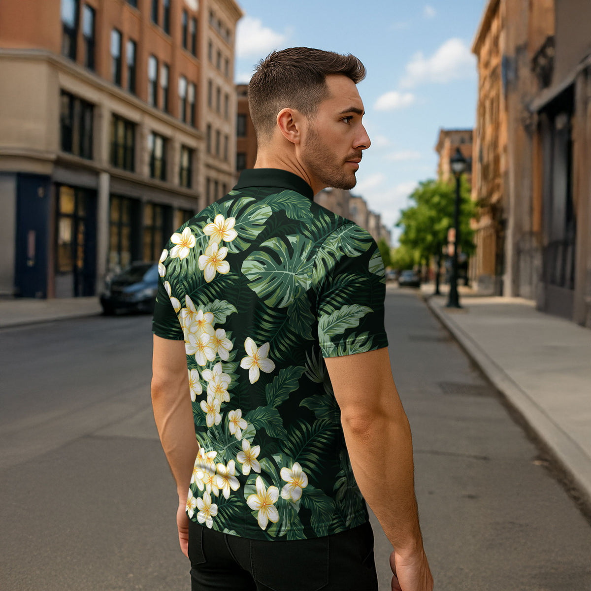 Hawaii Plumeria Tropical Leaves Zipper Polo Shirt Monstera Calathea Palm Fronds LT01 - Polynesian Pride