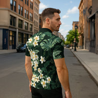 Hawaii Plumeria Tropical Leaves Zipper Polo Shirt Monstera Calathea Palm Fronds LT01 - Polynesian Pride