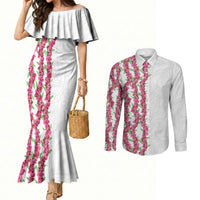 Hawaii Aalii Lei Couples Matching Mermaid Dress and Long Sleeve Button Shirt Aalii Ku Makani LT01 White - Polynesian Pride