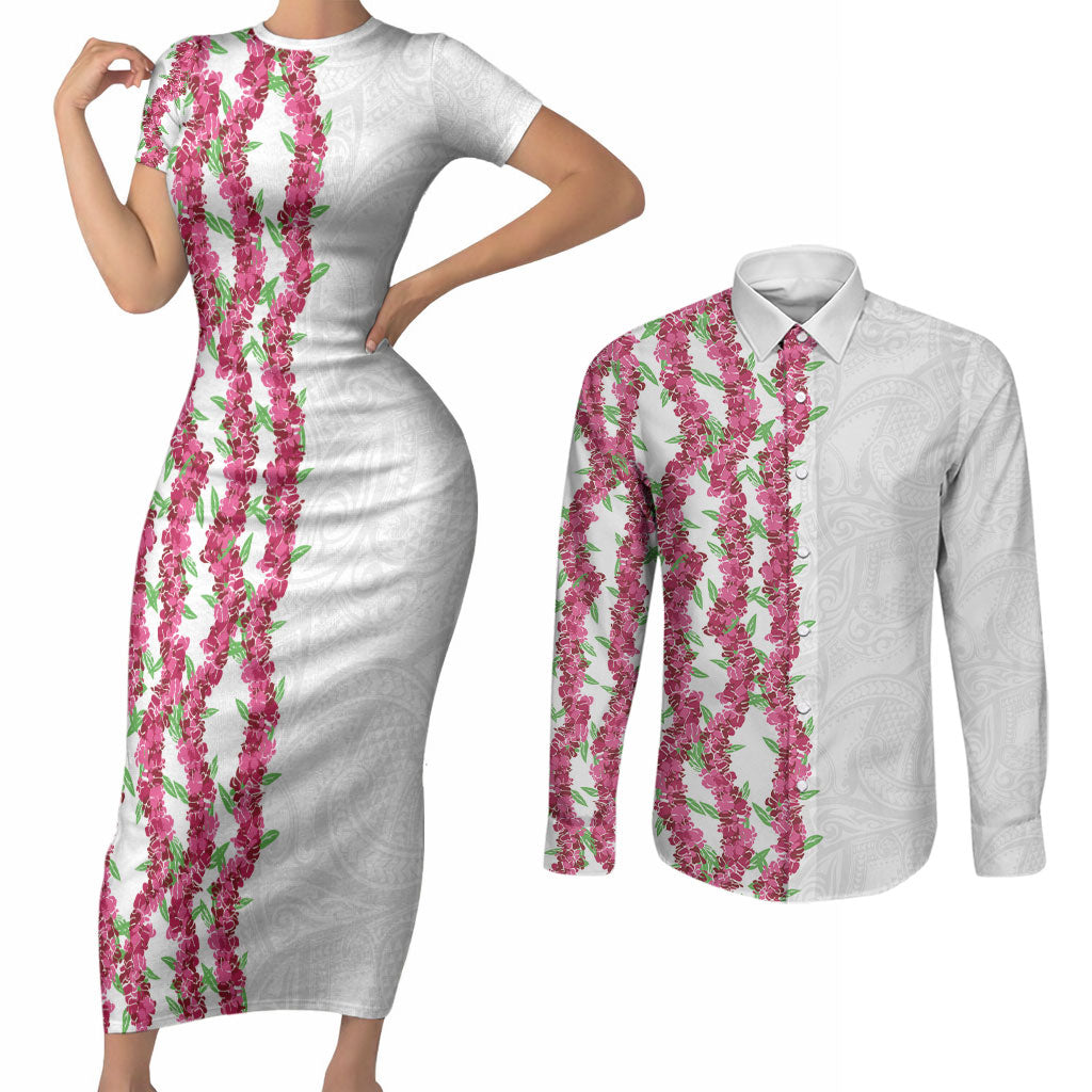 Hawaii Aalii Lei Couples Matching Short Sleeve Bodycon Dress and Long Sleeve Button Shirt Aalii Ku Makani LT01 White - Polynesian Pride