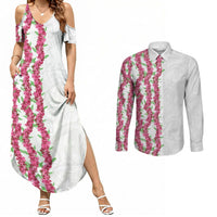 Hawaii Aalii Lei Couples Matching Summer Maxi Dress and Long Sleeve Button Shirt Aalii Ku Makani LT01 White - Polynesian Pride
