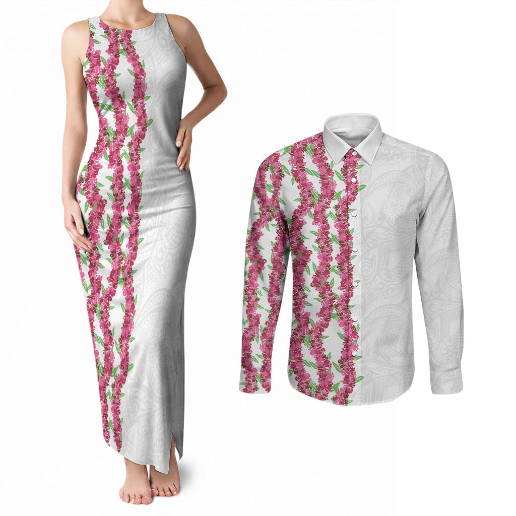 Hawaii Aalii Lei Couples Matching Tank Maxi Dress and Long Sleeve Button Shirt Aalii Ku Makani LT01 White - Polynesian Pride