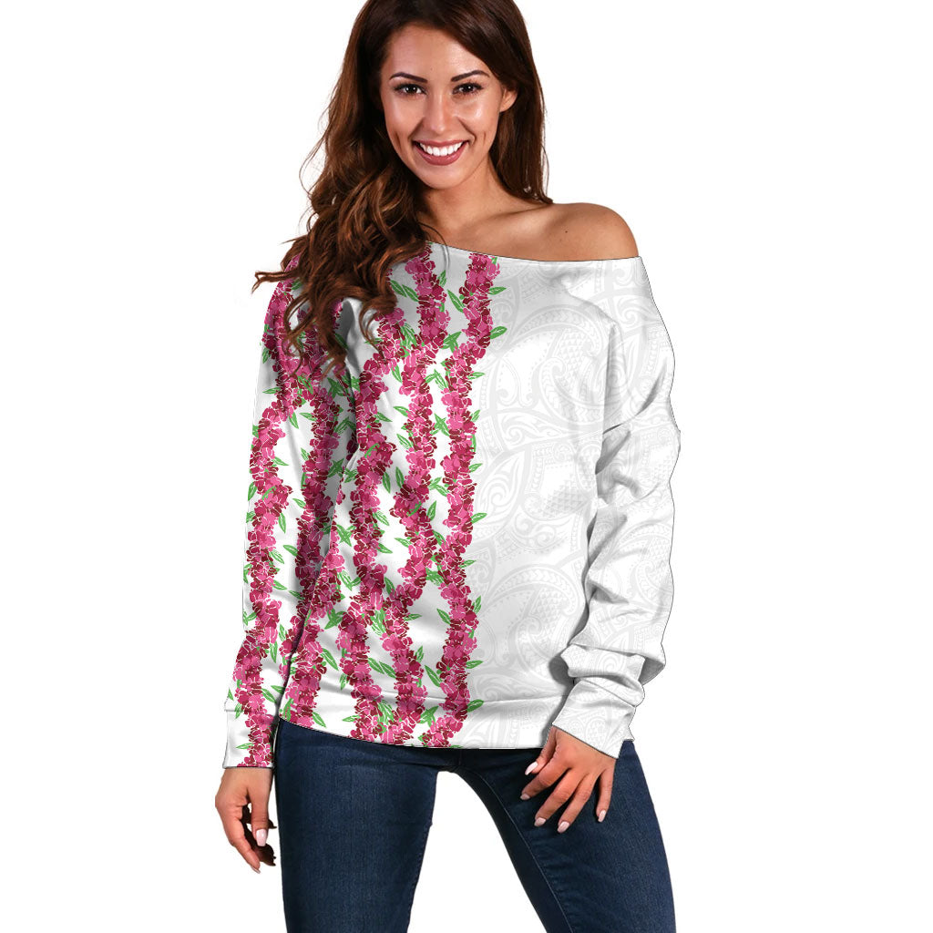 Hawaii Aalii Lei Off Shoulder Sweater Aalii Ku Makani LT01 Women White - Polynesian Pride