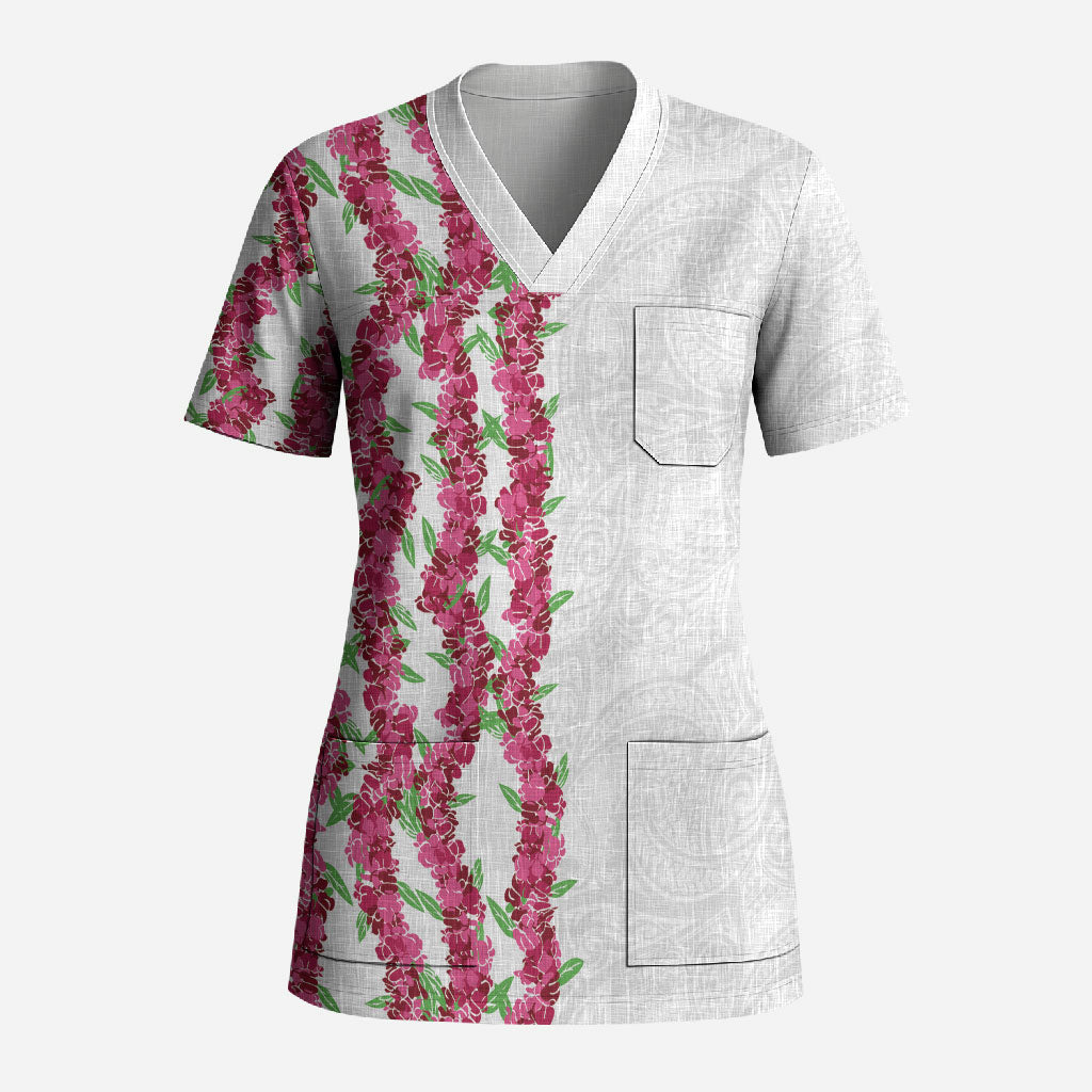 Hawaii Aalii Lei Scrub Top Aalii Ku Makani LT01 Adult White - Polynesian Pride