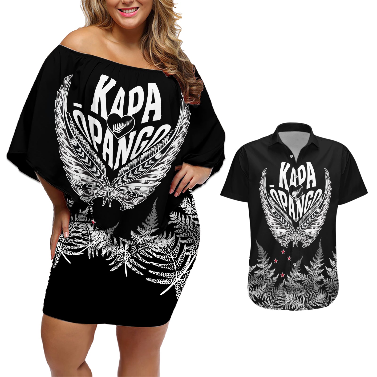 Custom New Zealand Rugby Couples Matching Off Shoulder Short Dress and Hawaiian Shirt NZ Opango Forever Silver Fern Heart LT01 Black - Polynesian Pride