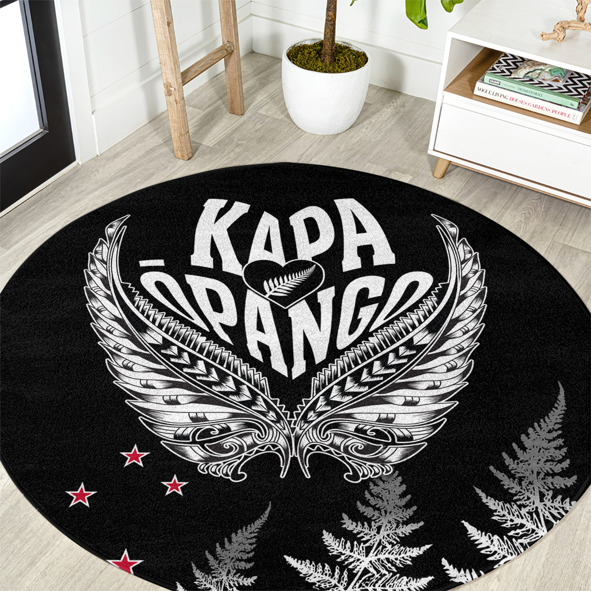 New Zealand Rugby Round Carpet NZ Opango Forever Silver Fern Heart LT01 Black - Polynesian Pride