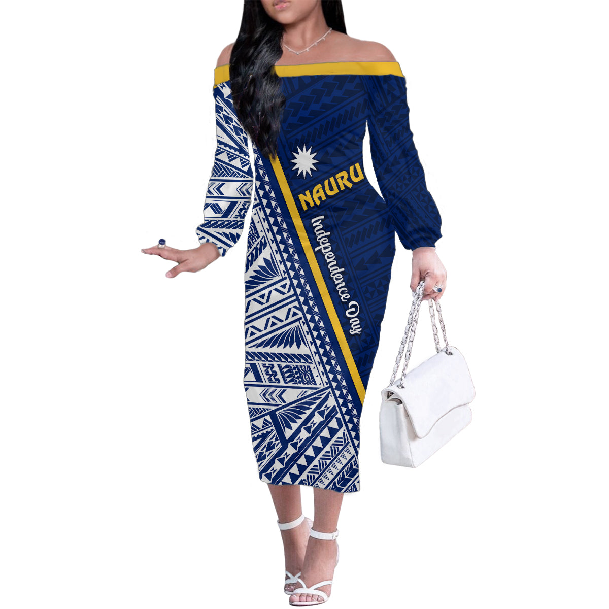 Nauru Independence Day Family Matching Off Shoulder Long Sleeve Dress and Hawaiian Shirt Repubrikin Naoero Gods Will First LT01 Mom's Dress Blue - Polynesian Pride