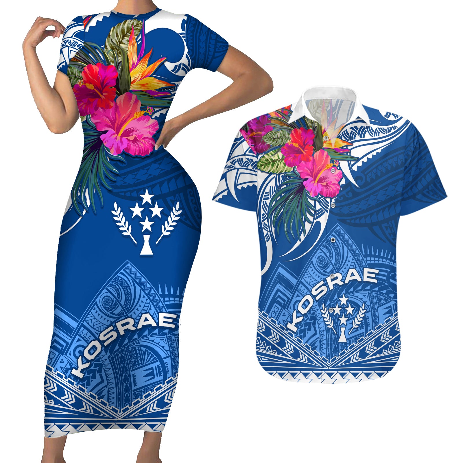 Kosrae Constitution Day Couples Matching Short Sleeve Bodycon Dress and Hawaiian Shirt Kusaie Special Style LT01 Blue - Polynesian Pride