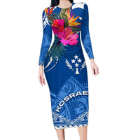 Kosrae Constitution Day Family Matching Long Sleeve Bodycon Dress and Hawaiian Shirt Kusaie Special Style LT01 Mom's Dress Blue - Polynesian Pride