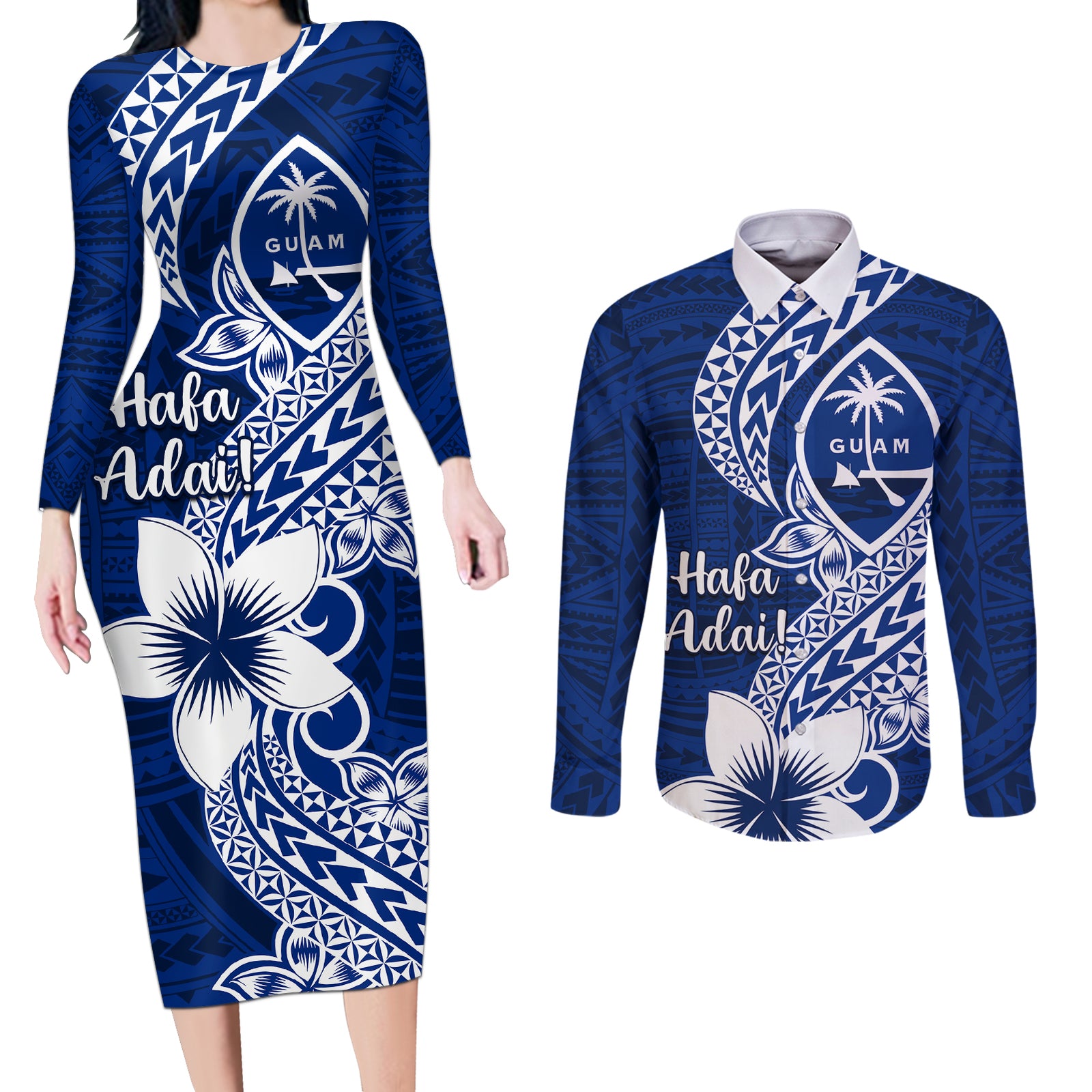Hafa Adai Guam Couples Matching Long Sleeve Bodycon Dress and Long Sleeve Button Shirt Polynesian Floral Blue Pattern LT01 Blue - Polynesian Pride