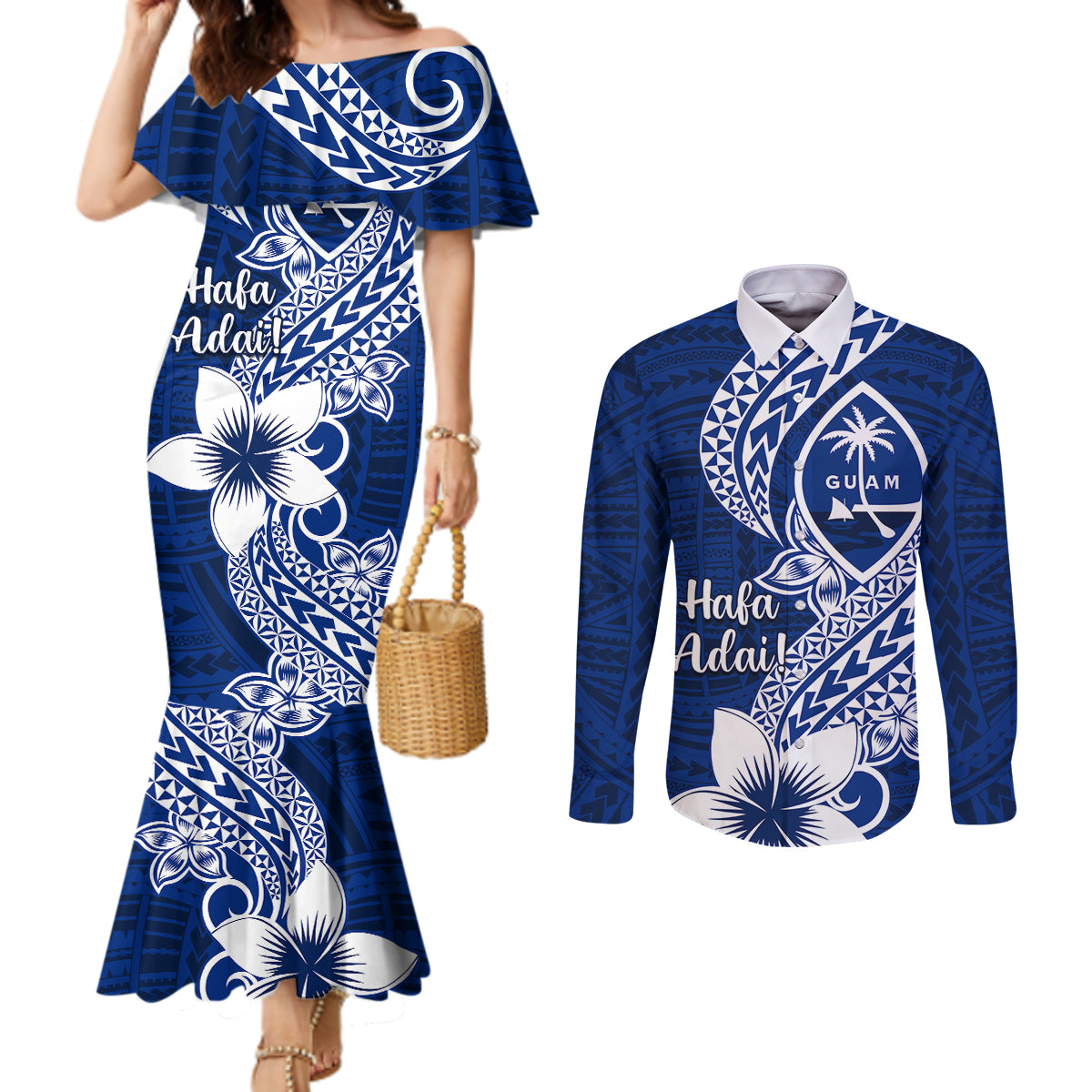 Hafa Adai Guam Couples Matching Mermaid Dress and Long Sleeve Button Shirt Polynesian Floral Blue Pattern LT01 Blue - Polynesian Pride