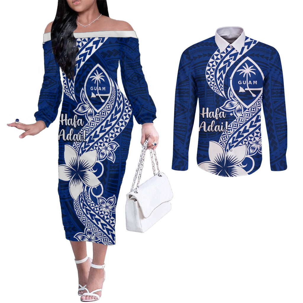 Hafa Adai Guam Couples Matching Off The Shoulder Long Sleeve Dress and Long Sleeve Button Shirt Polynesian Floral Blue Pattern LT01 Blue - Polynesian Pride