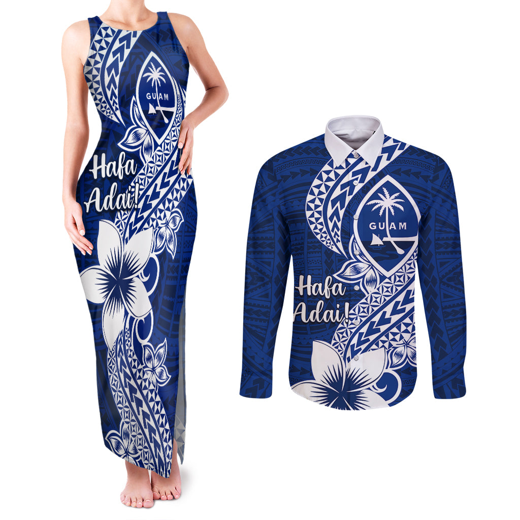 Hafa Adai Guam Couples Matching Tank Maxi Dress and Long Sleeve Button Shirt Polynesian Floral Blue Pattern LT01 Blue - Polynesian Pride