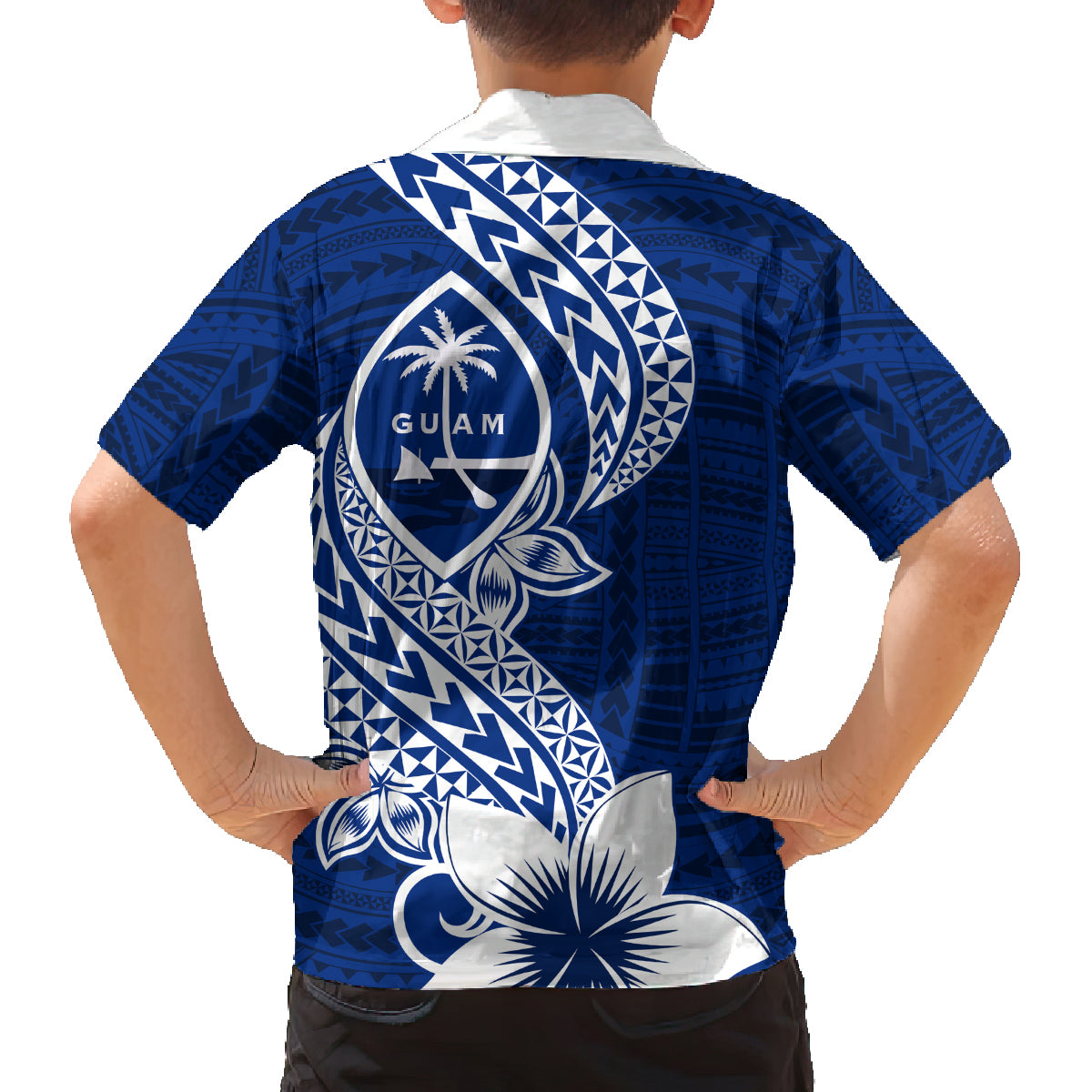 Hafa Adai Guam Family Matching Off Shoulder Long Sleeve Dress and Hawaiian Shirt Polynesian Floral Blue Pattern LT01 - Polynesian Pride