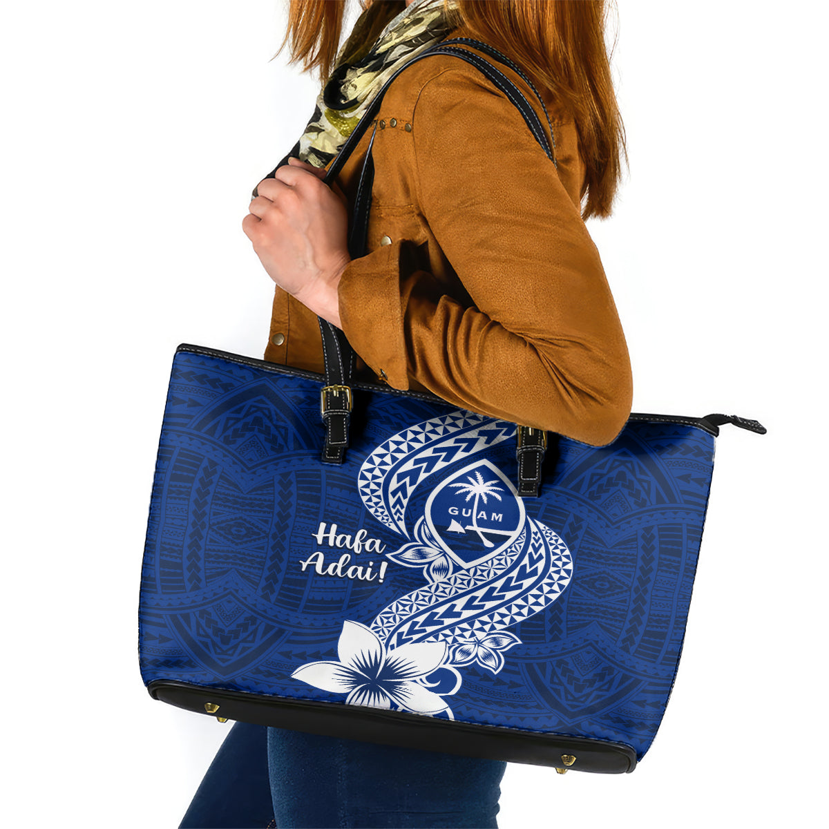 Hafa Adai Guam Leather Tote Bag Polynesian Floral Blue Pattern LT01 Blue - Polynesian Pride