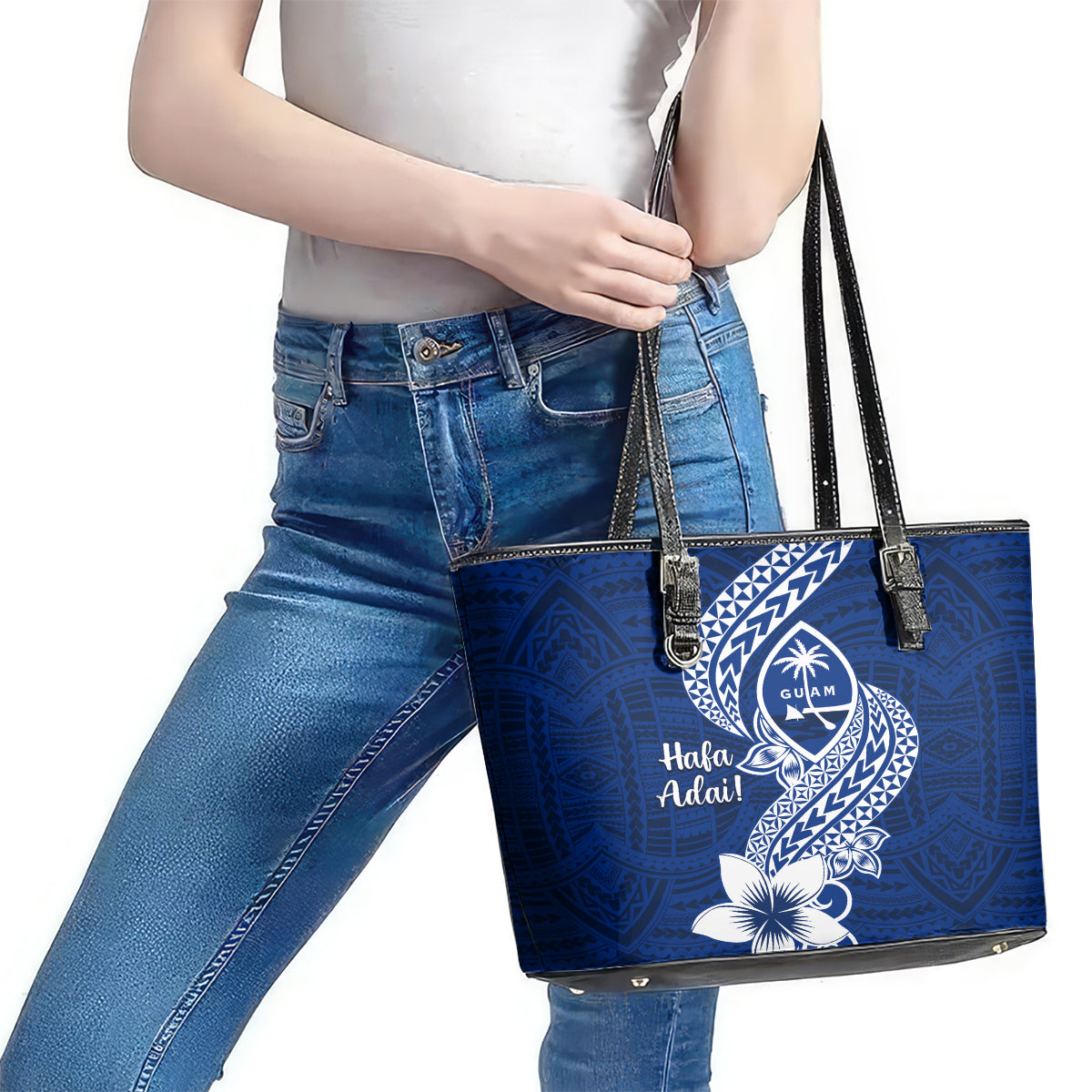 Hafa Adai Guam Leather Tote Bag Polynesian Floral Blue Pattern LT01 - Polynesian Pride