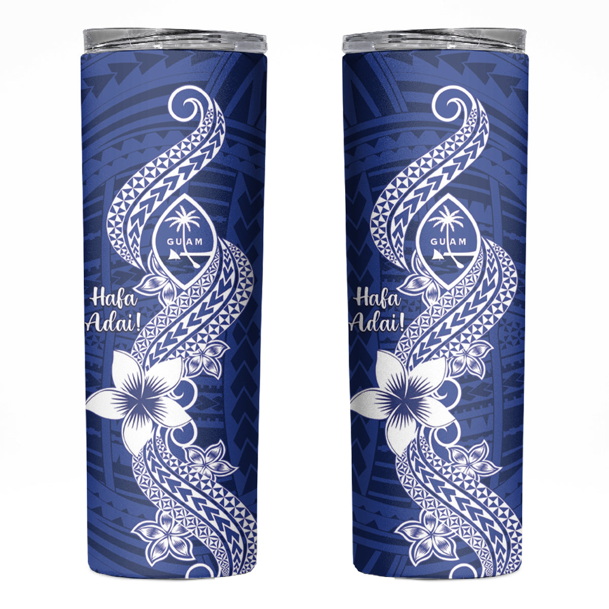 Hafa Adai Guam Skinny Tumbler Polynesian Floral Blue Pattern