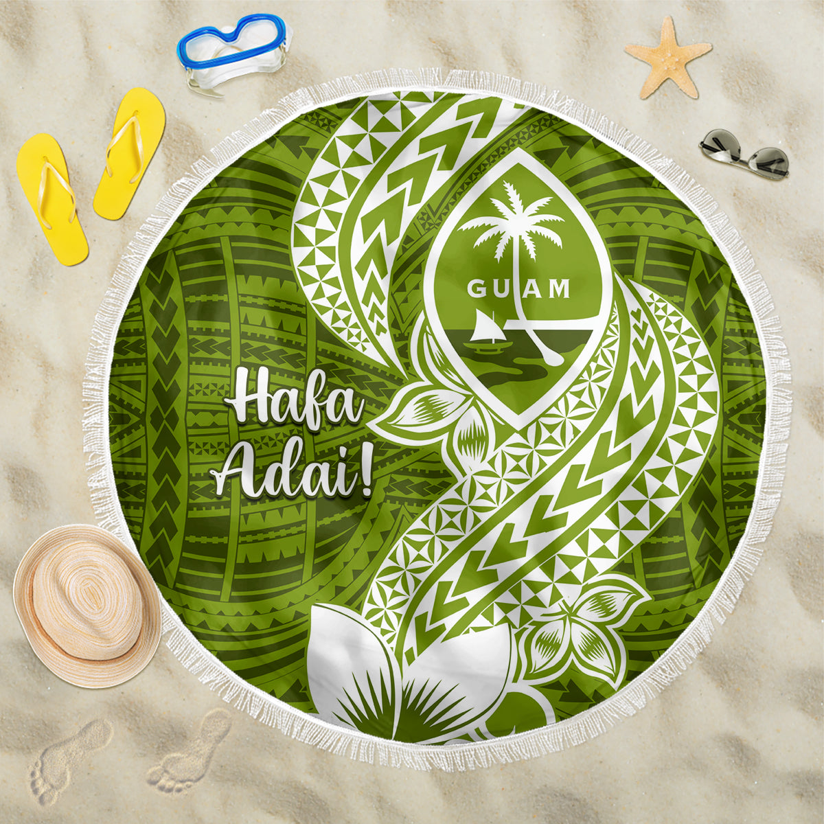 Hafa Adai Guam Beach Blanket Polynesian Olive Green Blue Pattern LT01 One Size 150cm Green - Polynesian Pride