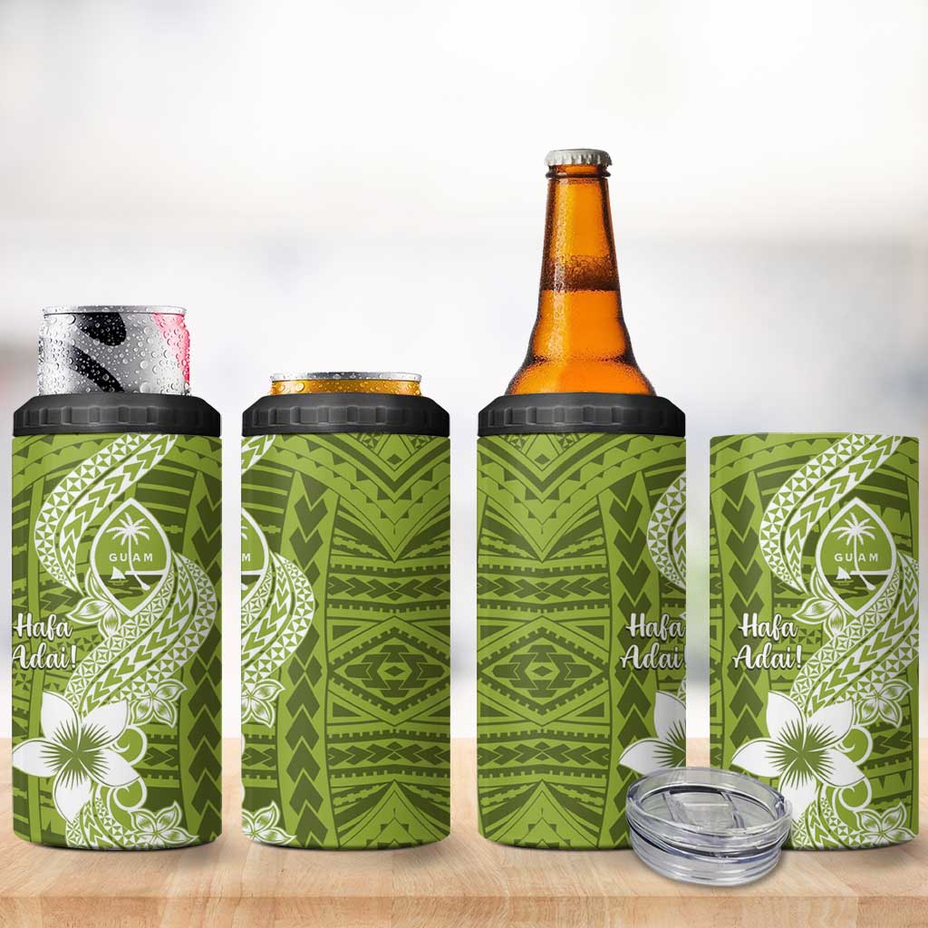 Hafa Adai Guam 4 in 1 Can Cooler Tumbler Polynesian Olive Green Blue Pattern