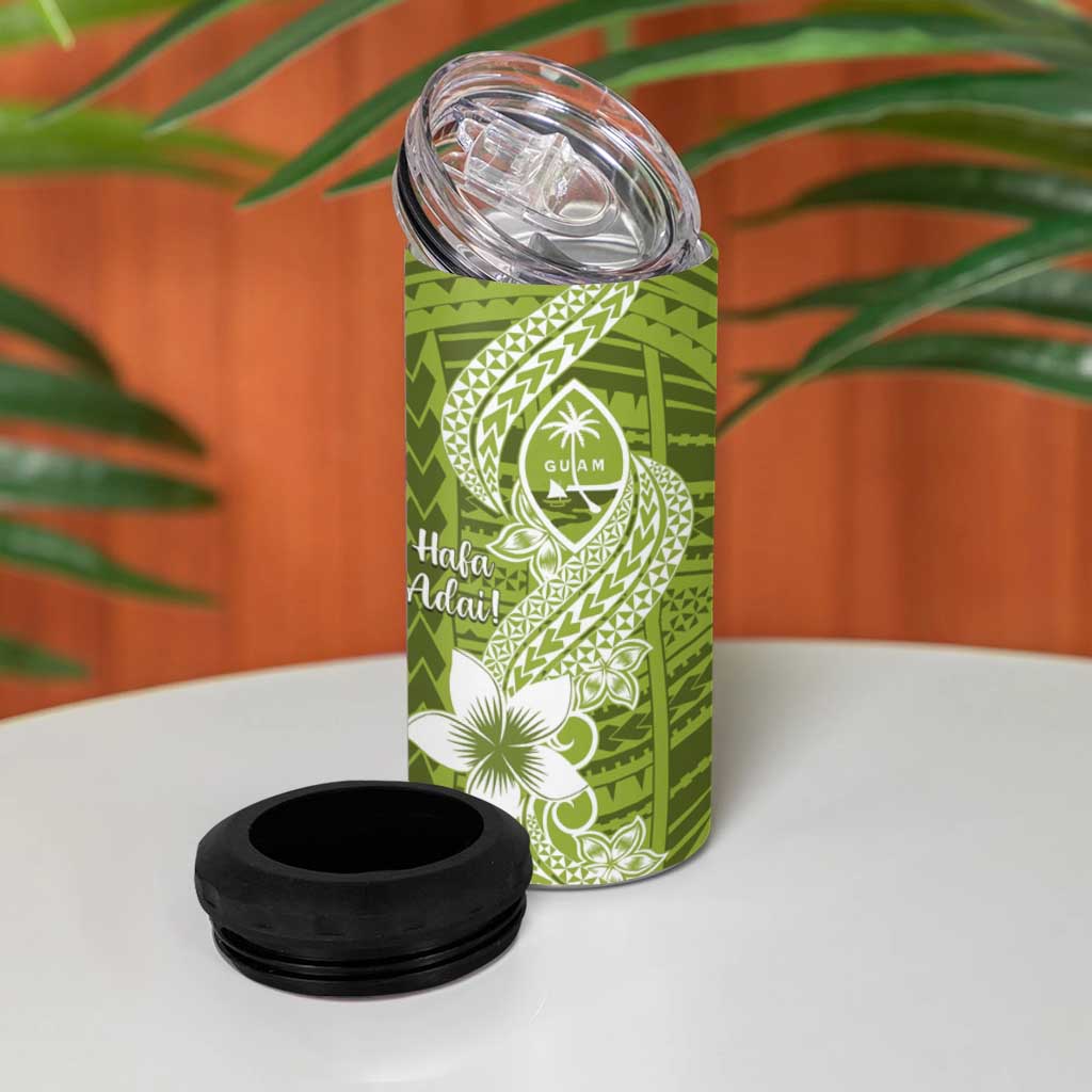 Hafa Adai Guam 4 in 1 Can Cooler Tumbler Polynesian Olive Green Blue Pattern