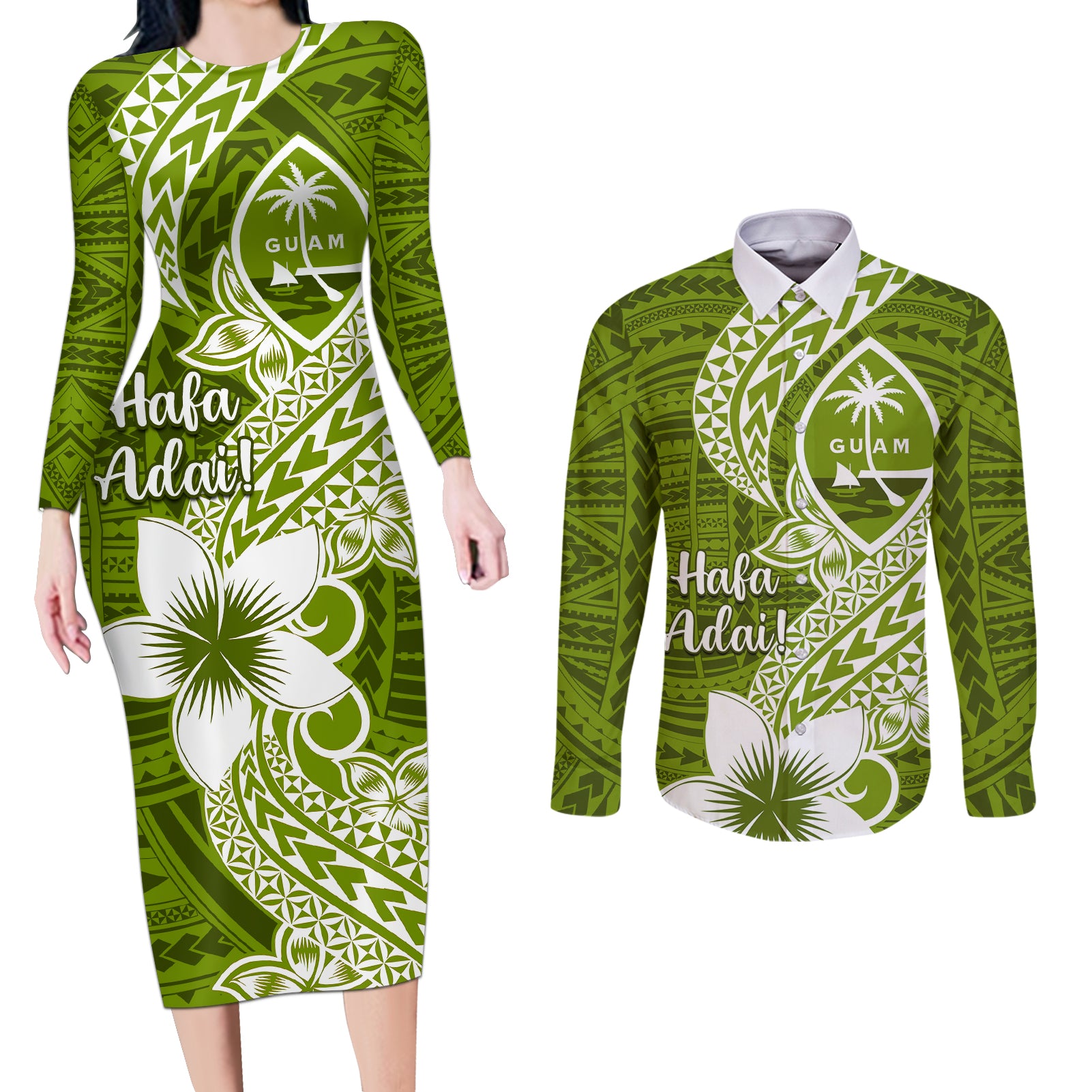 Hafa Adai Guam Couples Matching Long Sleeve Bodycon Dress and Long Sleeve Button Shirt Polynesian Olive Green Blue Pattern LT01 Green - Polynesian Pride
