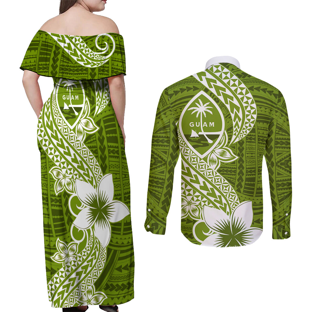Hafa Adai Guam Couples Matching Off Shoulder Maxi Dress and Long Sleeve Button Shirt Polynesian Olive Green Blue Pattern LT01 - Polynesian Pride