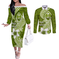 Hafa Adai Guam Couples Matching Off The Shoulder Long Sleeve Dress and Long Sleeve Button Shirt Polynesian Olive Green Blue Pattern LT01 Green - Polynesian Pride