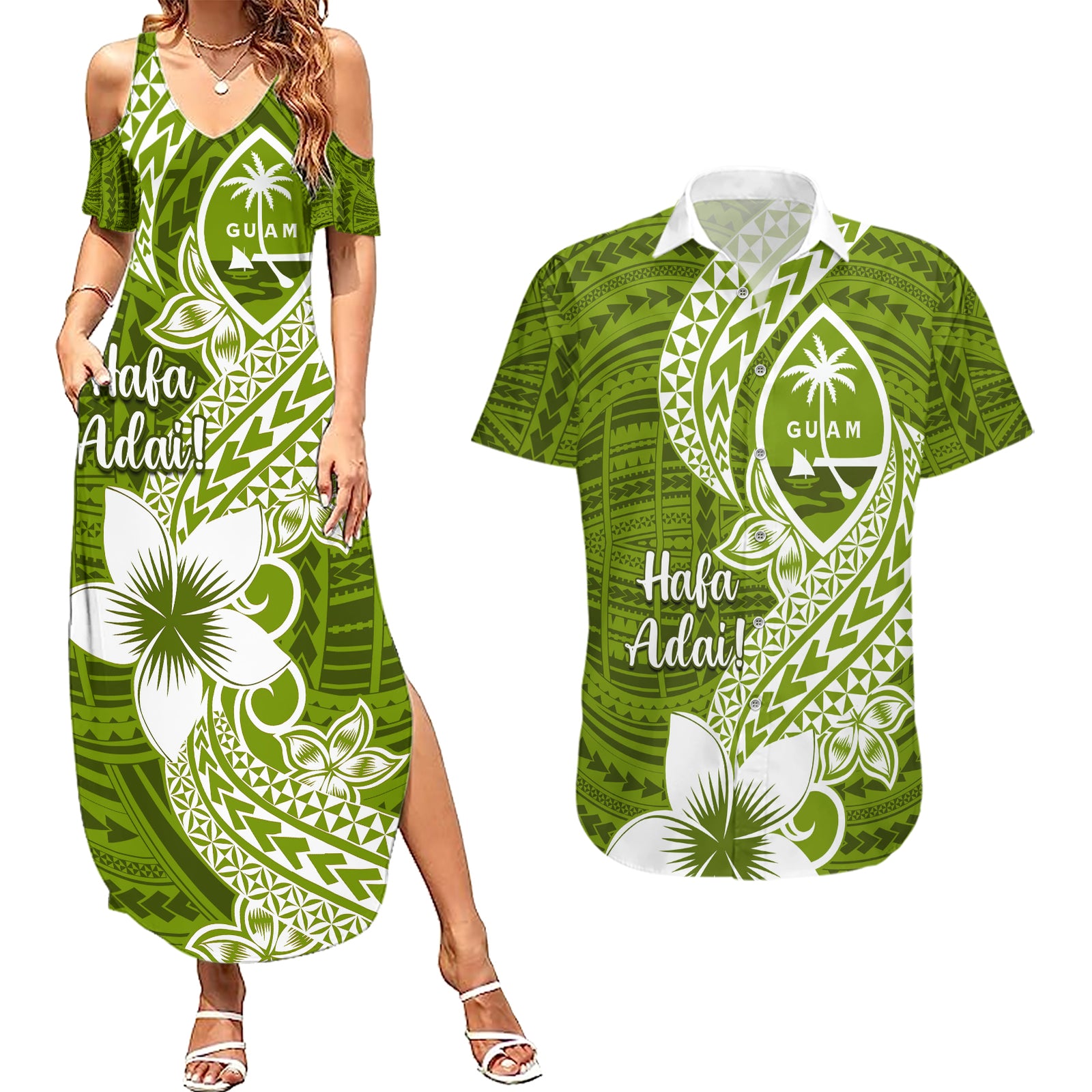 Hafa Adai Guam Couples Matching Summer Maxi Dress and Hawaiian Shirt Polynesian Olive Green Blue Pattern LT01 Green - Polynesian Pride