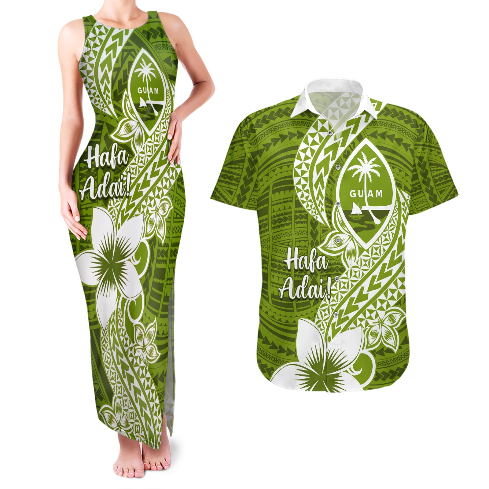 Hafa Adai Guam Couples Matching Tank Maxi Dress and Hawaiian Shirt Polynesian Olive Green Blue Pattern LT01 Green - Polynesian Pride