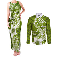 Hafa Adai Guam Couples Matching Tank Maxi Dress and Long Sleeve Button Shirt Polynesian Olive Green Blue Pattern LT01 Green - Polynesian Pride
