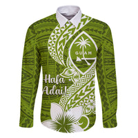 Hafa Adai Guam Family Matching Off Shoulder Maxi Dress and Hawaiian Shirt Polynesian Olive Green Blue Pattern LT01 Dad's Shirt - Long Sleeve Green - Polynesian Pride