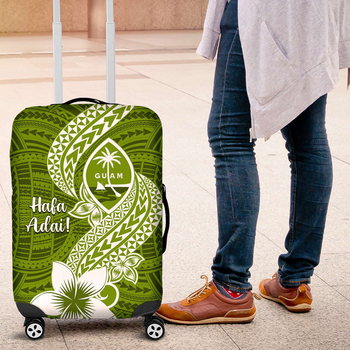 Hafa Adai Guam Luggage Cover Polynesian Olive Green Blue Pattern LT01 Green - Polynesian Pride