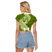 Hafa Adai Guam Raglan Cropped T Shirt Polynesian Olive Green Blue Pattern LT01 - Polynesian Pride