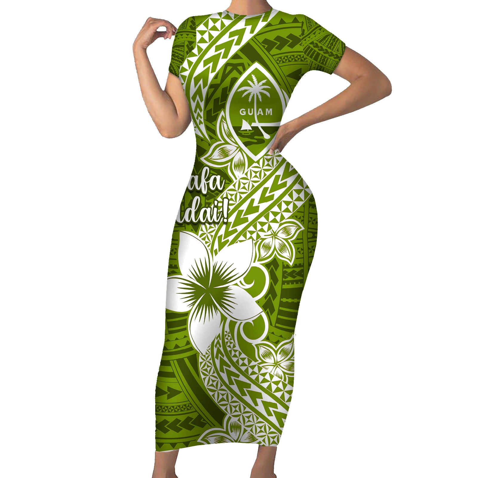 Hafa Adai Guam Short Sleeve Bodycon Dress Polynesian Olive Green Blue Pattern LT01 Long Dress Green - Polynesian Pride