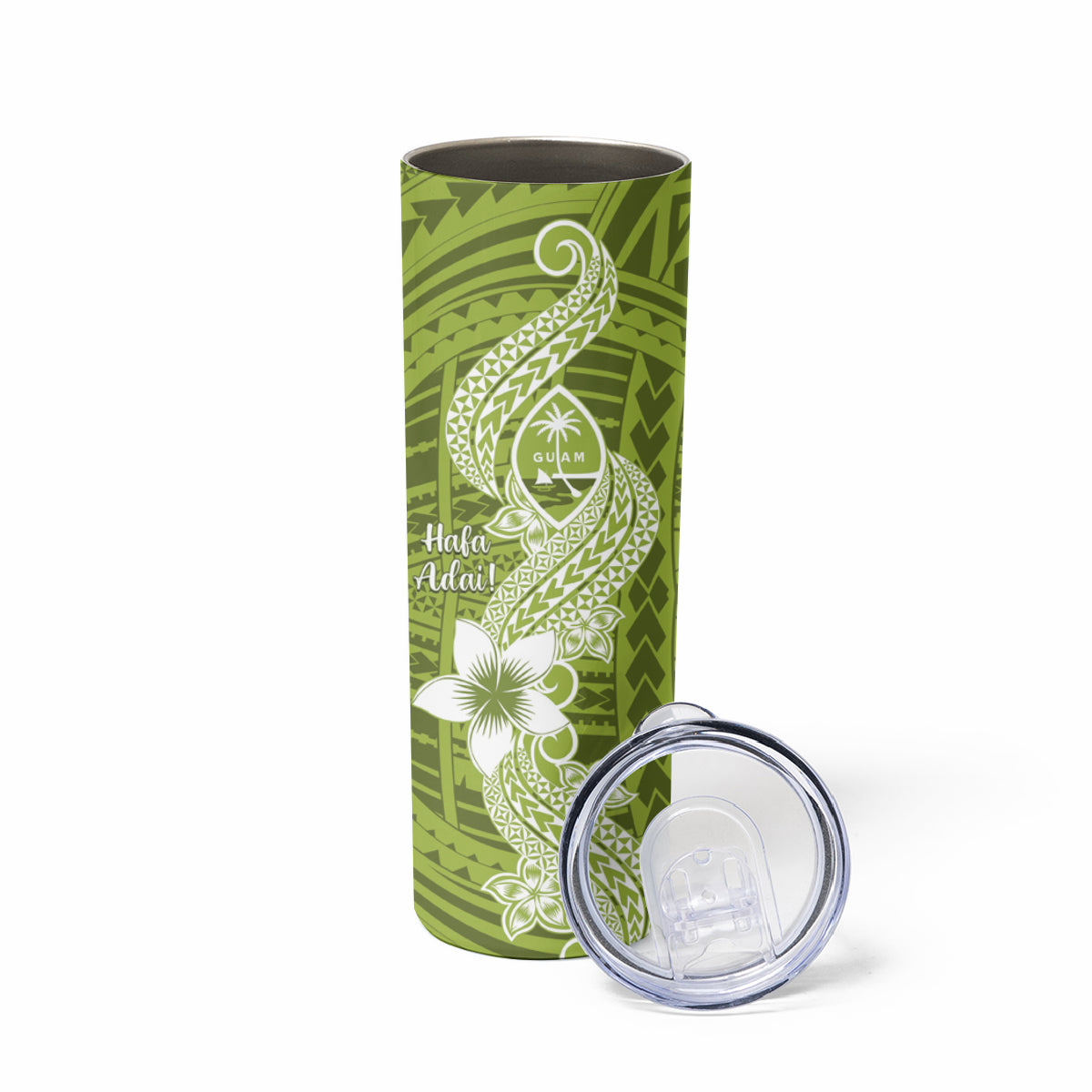 Hafa Adai Guam Skinny Tumbler Polynesian Olive Green Blue Pattern