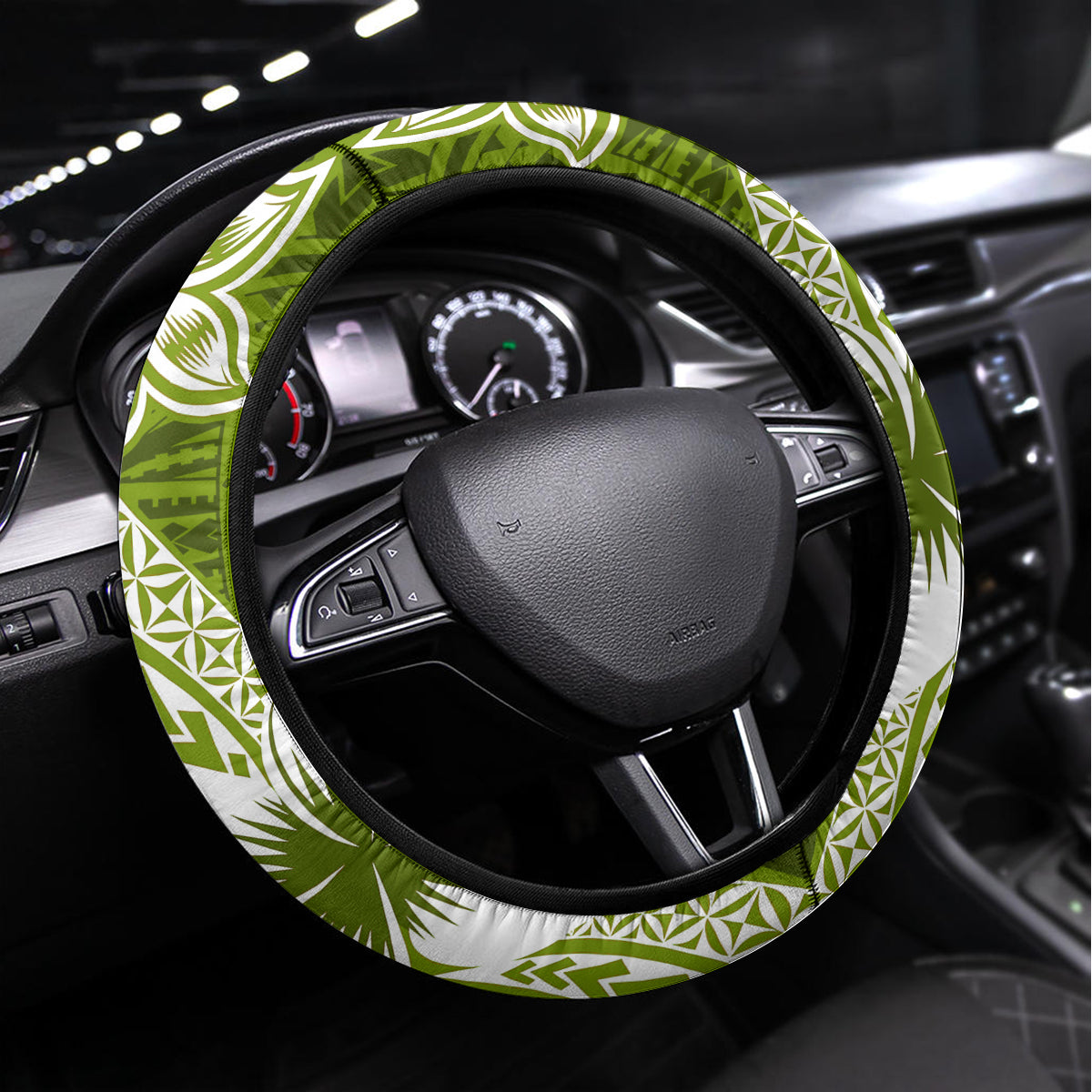 Hafa Adai Guam Steering Wheel Cover Polynesian Olive Green Blue Pattern LT01 Universal Fit Green - Polynesian Pride