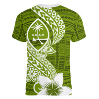 Hafa Adai Guam Women V Neck T Shirt Polynesian Olive Green Blue Pattern LT01 - Polynesian Pride