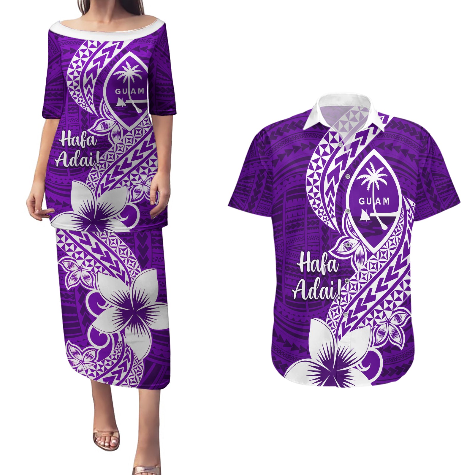 Hafa Adai Guam Couples Matching Puletasi Dress and Hawaiian Shirt Polynesian Floral Purple Pattern LT01 Purple - Polynesian Pride