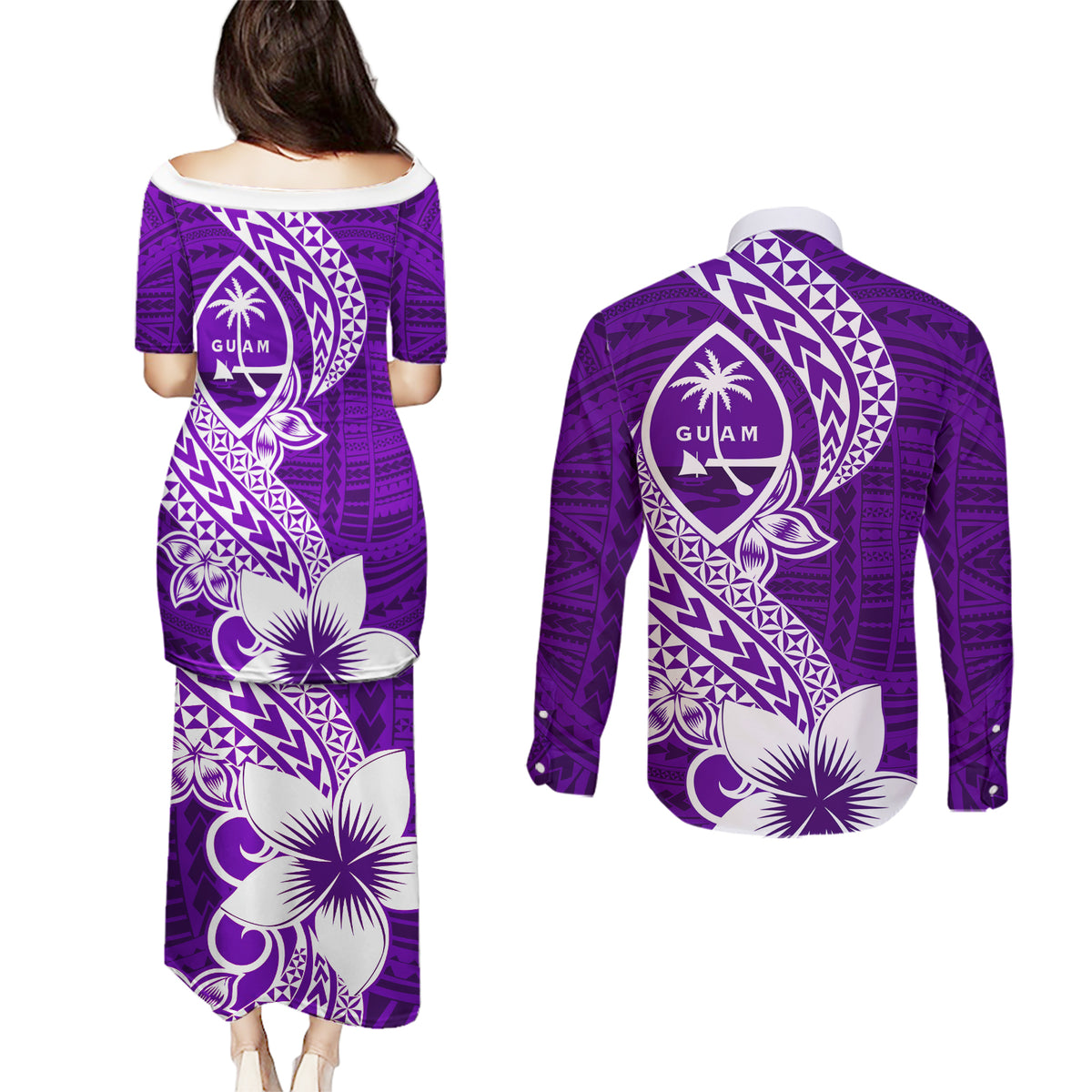 Hafa Adai Guam Couples Matching Puletasi Dress and Long Sleeve Button Shirt Polynesian Floral Purple Pattern LT01 - Polynesian Pride