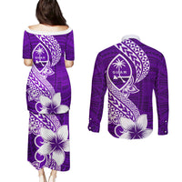 Hafa Adai Guam Couples Matching Puletasi Dress and Long Sleeve Button Shirt Polynesian Floral Purple Pattern LT01 - Polynesian Pride