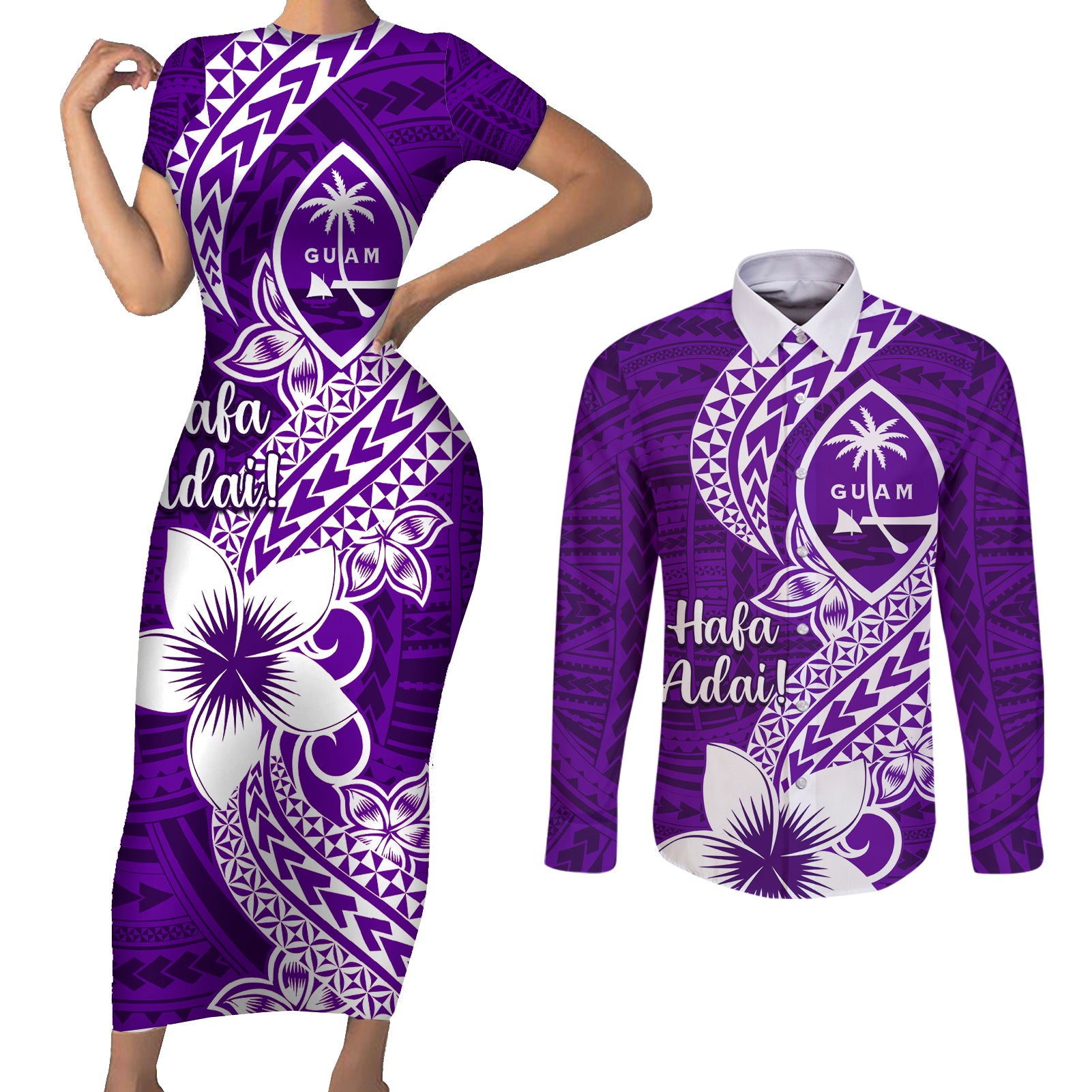 Hafa Adai Guam Couples Matching Short Sleeve Bodycon Dress and Long Sleeve Button Shirt Polynesian Floral Purple Pattern LT01 Purple - Polynesian Pride