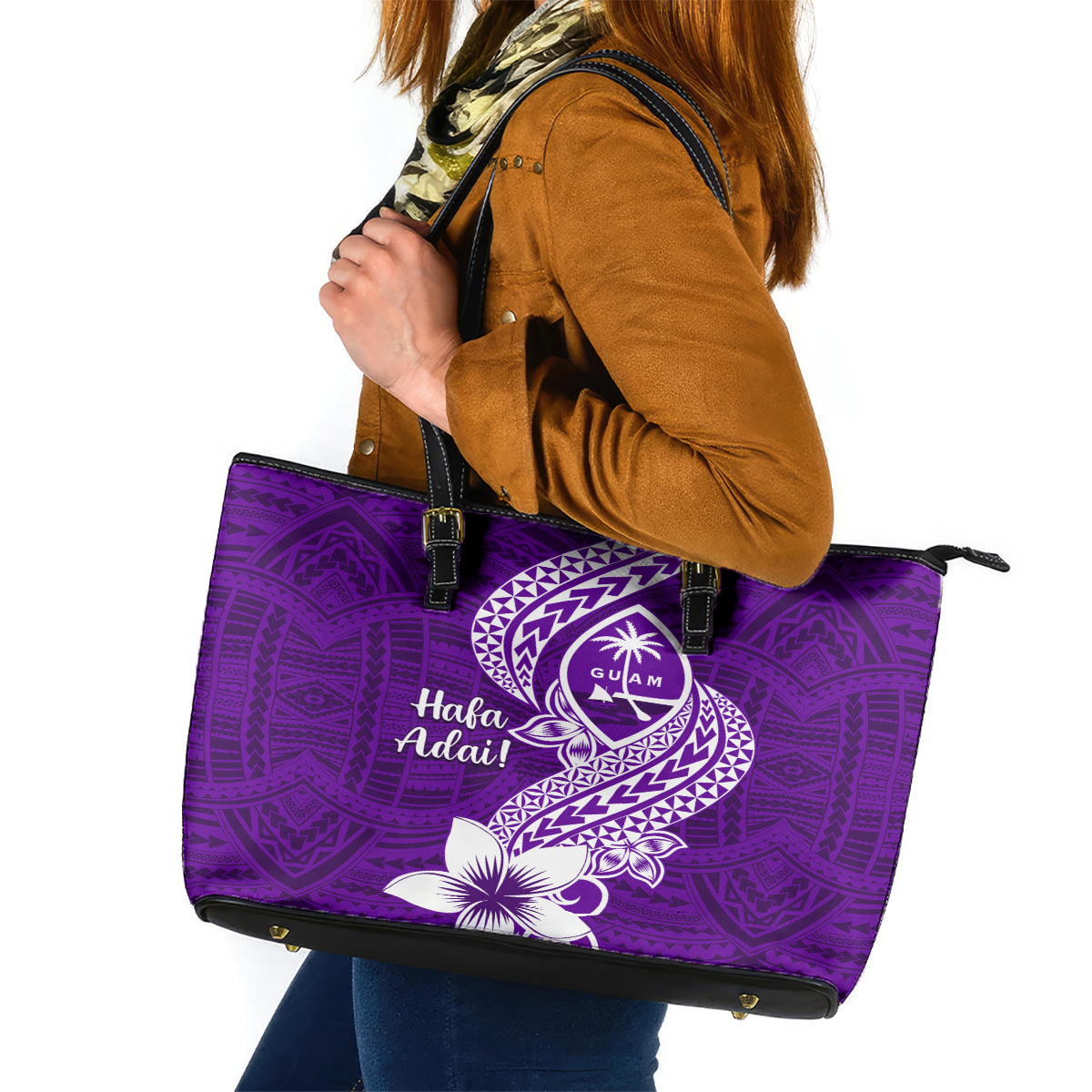 Hafa Adai Guam Leather Tote Bag Polynesian Floral Purple Pattern LT01 Purple - Polynesian Pride