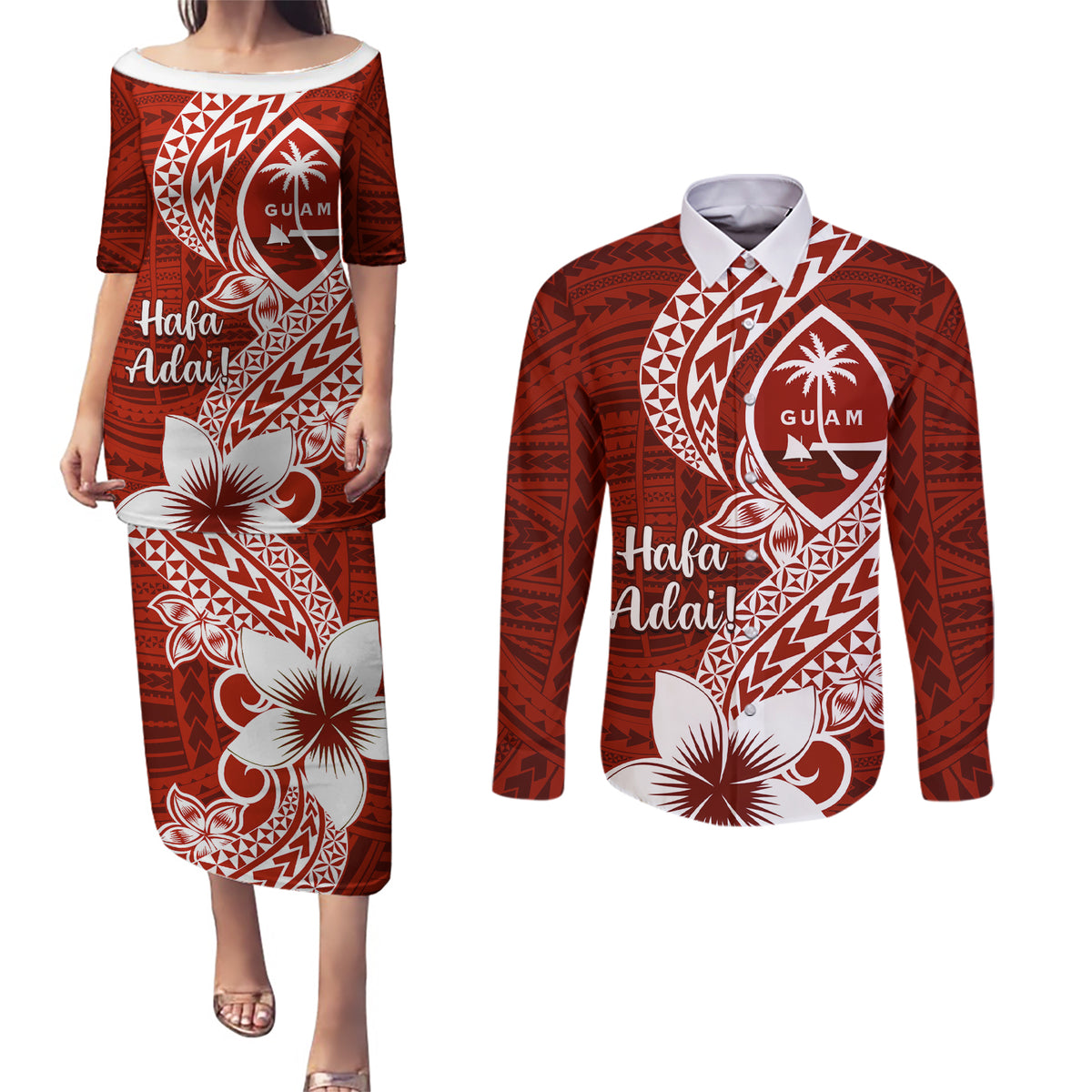 Hafa Adai Guam Couples Matching Puletasi Dress and Long Sleeve Button Shirt Polynesian Floral Red Pattern LT01 Red - Polynesian Pride