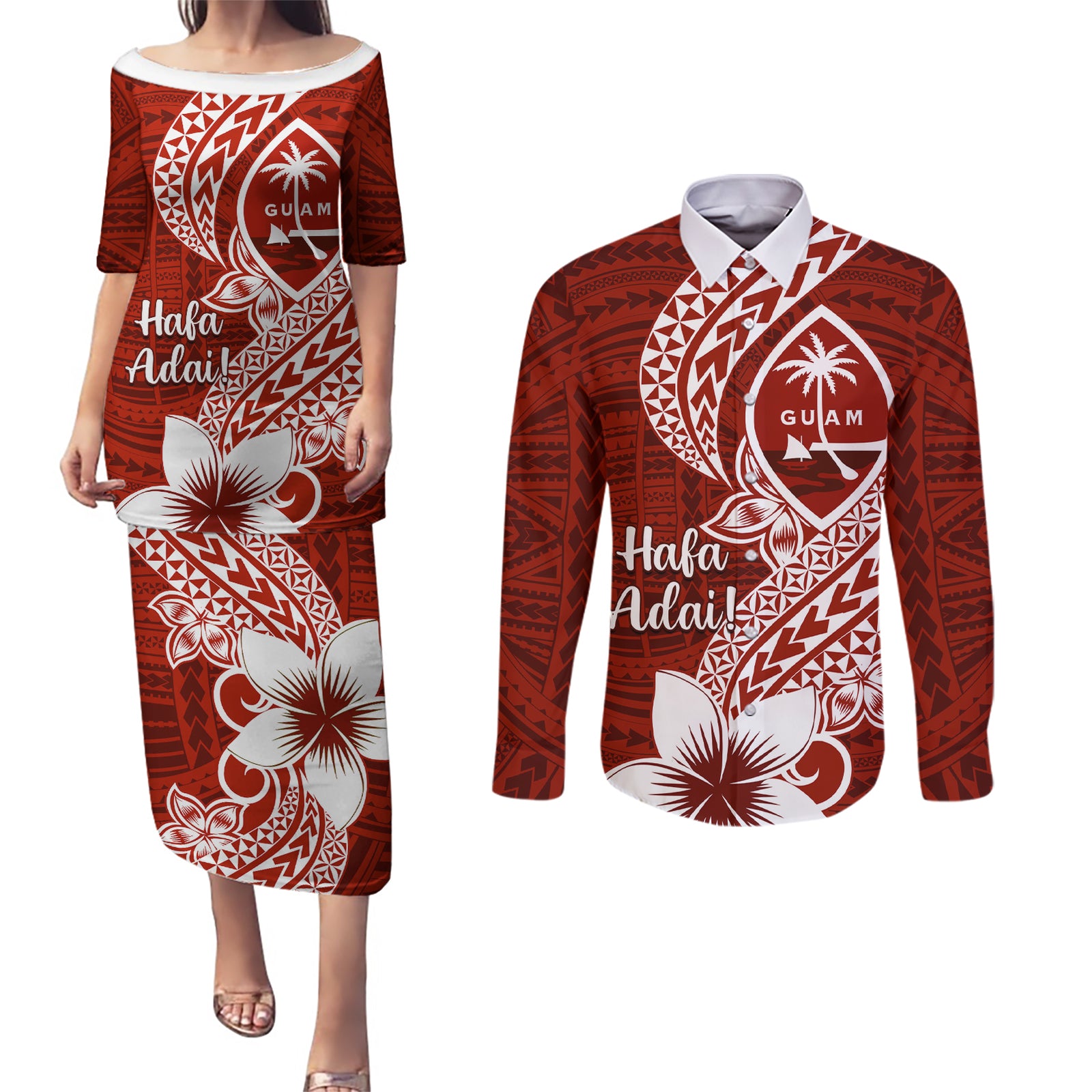 Hafa Adai Guam Couples Matching Puletasi Dress and Long Sleeve Button Shirt Polynesian Floral Red Pattern LT01 Red - Polynesian Pride