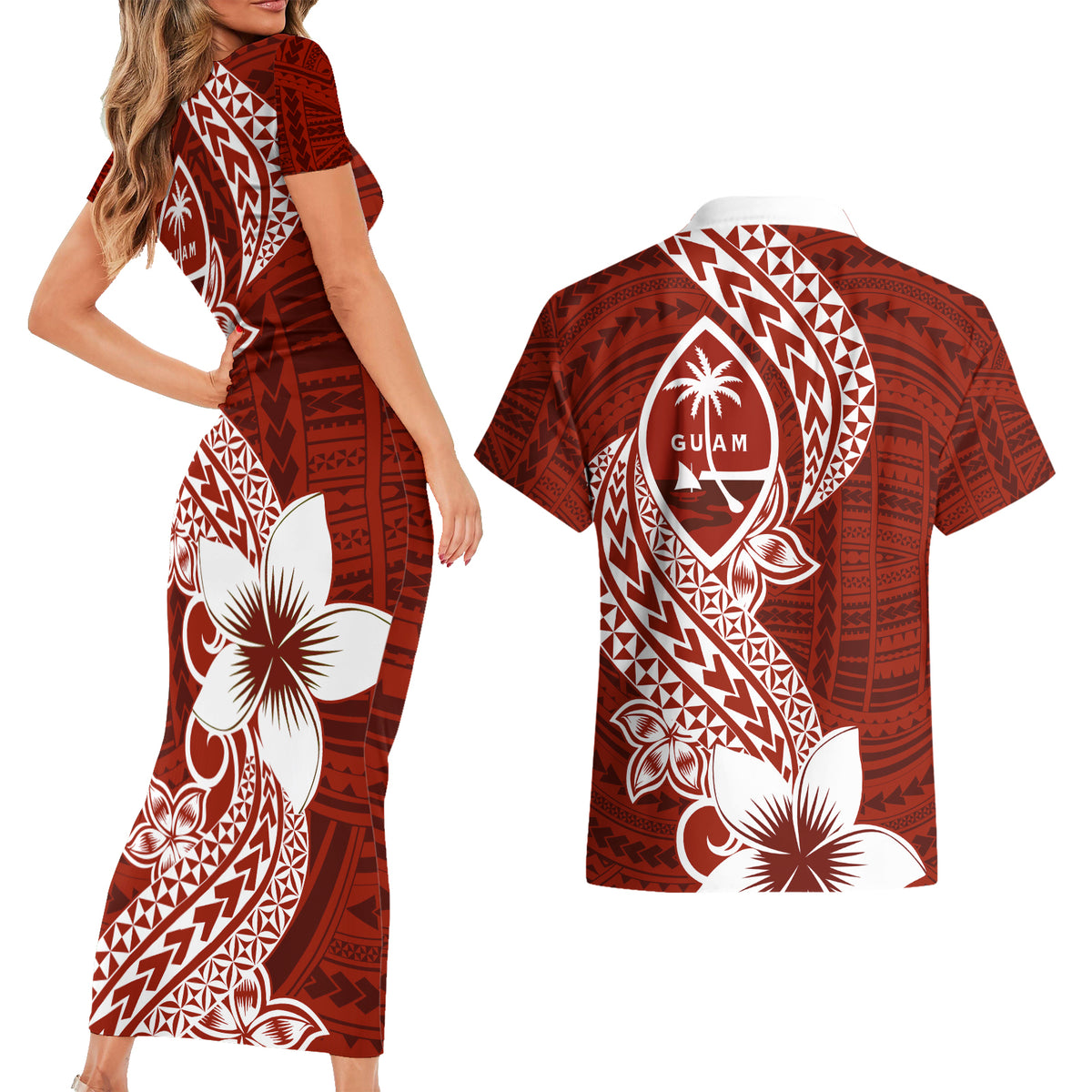 Hafa Adai Guam Couples Matching Short Sleeve Bodycon Dress and Hawaiian Shirt Polynesian Floral Red Pattern LT01 - Polynesian Pride