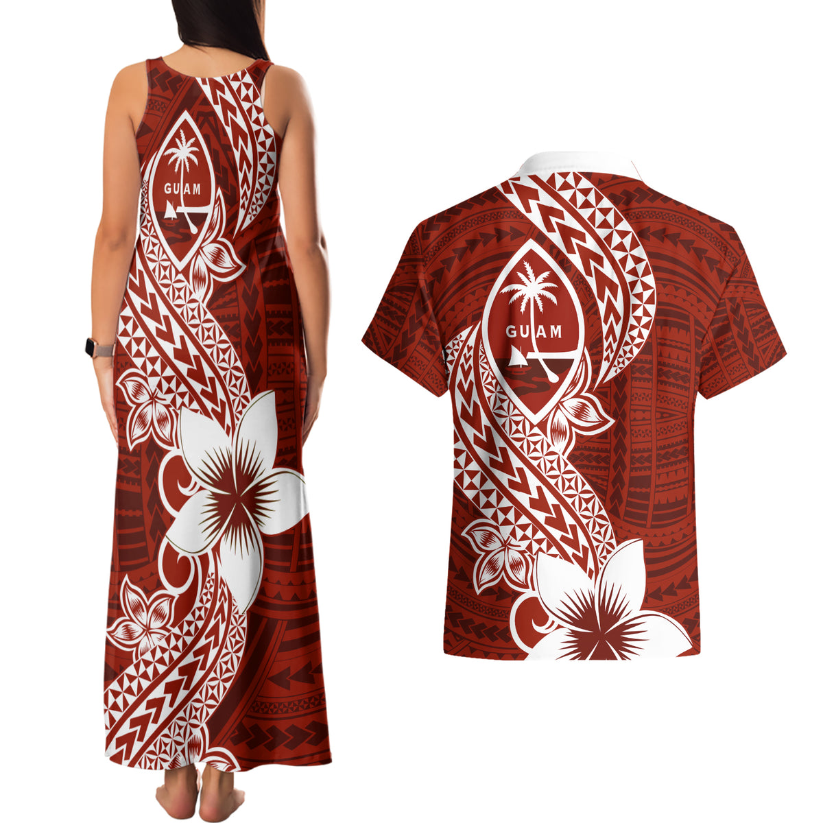 Hafa Adai Guam Couples Matching Tank Maxi Dress and Hawaiian Shirt Polynesian Floral Red Pattern LT01 - Polynesian Pride