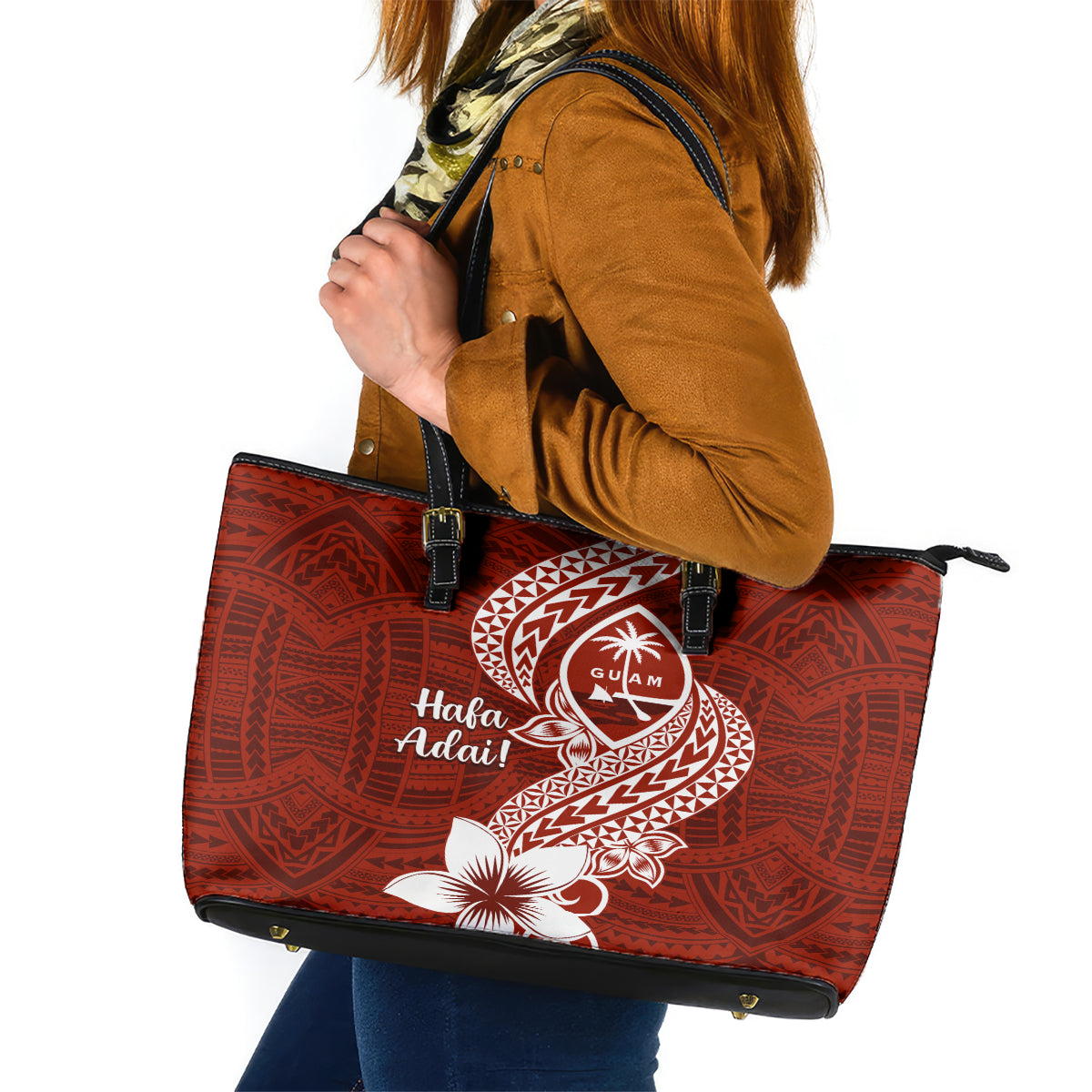 Hafa Adai Guam Leather Tote Bag Polynesian Floral Red Pattern LT01 Red - Polynesian Pride