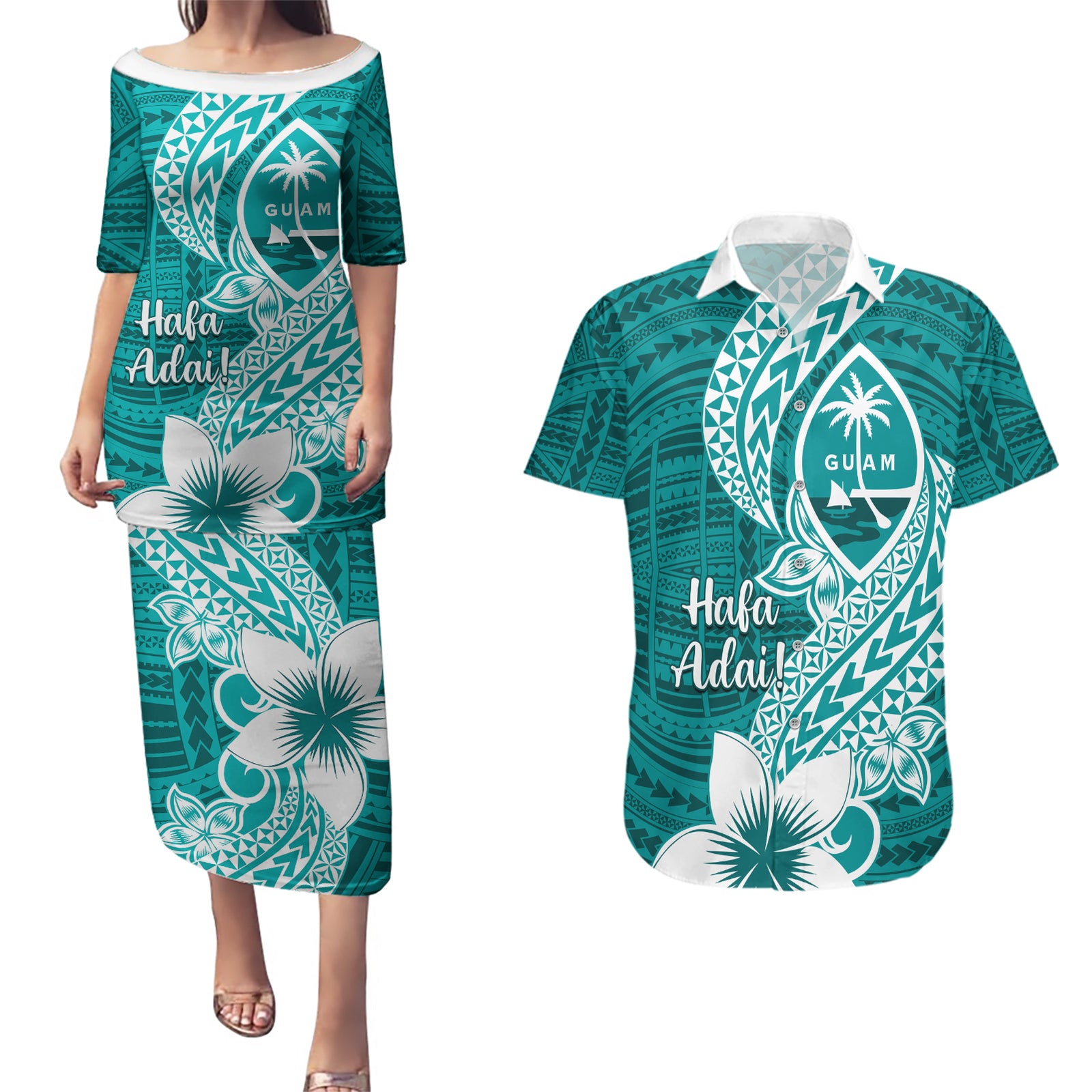 Hafa Adai Guam Couples Matching Puletasi Dress and Hawaiian Shirt Polynesian Floral Teal Pattern LT01 Teal - Polynesian Pride