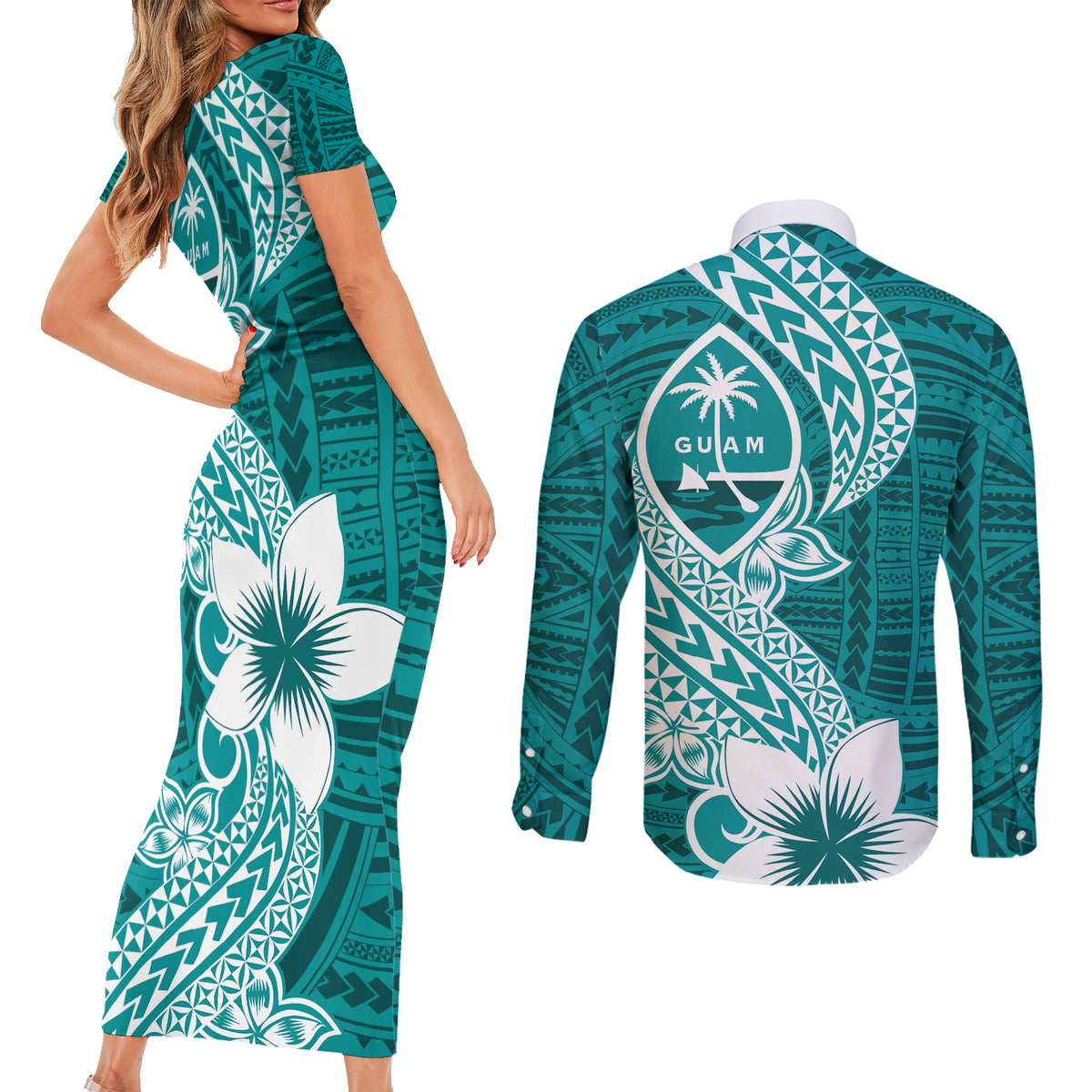 Hafa Adai Guam Couples Matching Short Sleeve Bodycon Dress and Long Sleeve Button Shirt Polynesian Floral Teal Pattern LT01 - Polynesian Pride